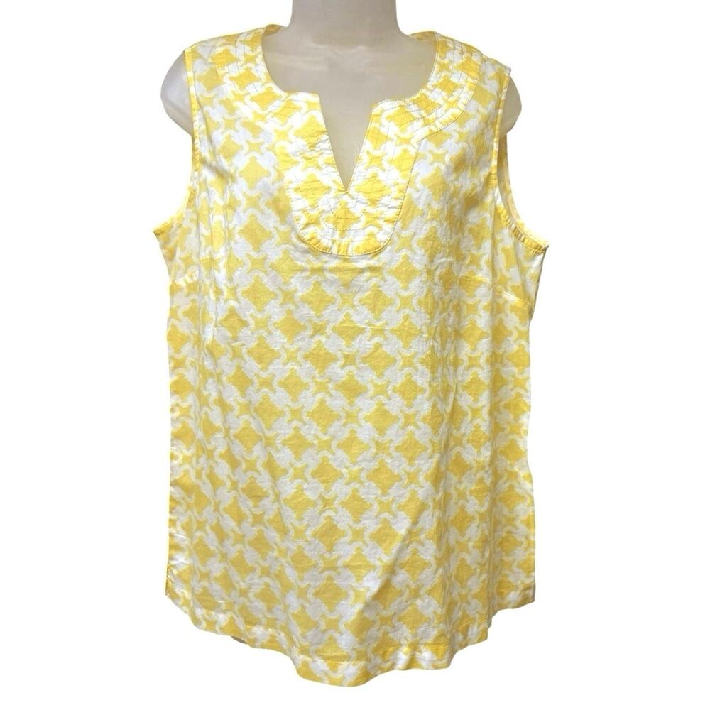NWT Talbots Size Large Sleeveless Blouse Butter Yellow Print Light Cotton Preppy